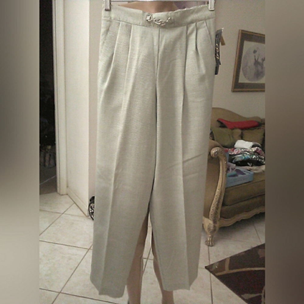 VINTAGE BNWT "Lasting Impressions" CREAM+GREEN W/ SILVER BUCKLE PLEATS SZ.6 USA